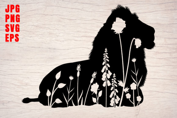 Lion Silhouette Wild Flowers Design