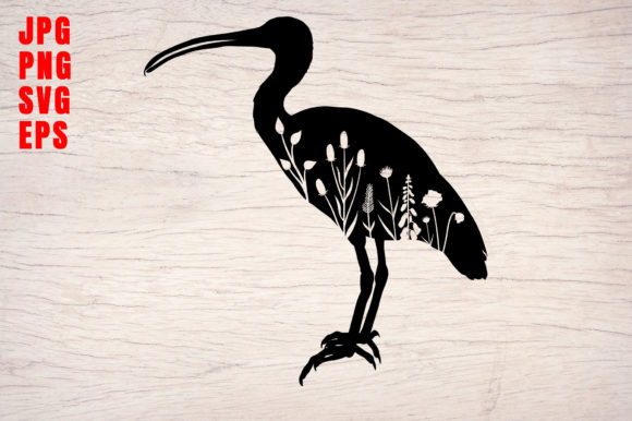 Long Beak Crane Bird Silhouette Flowers